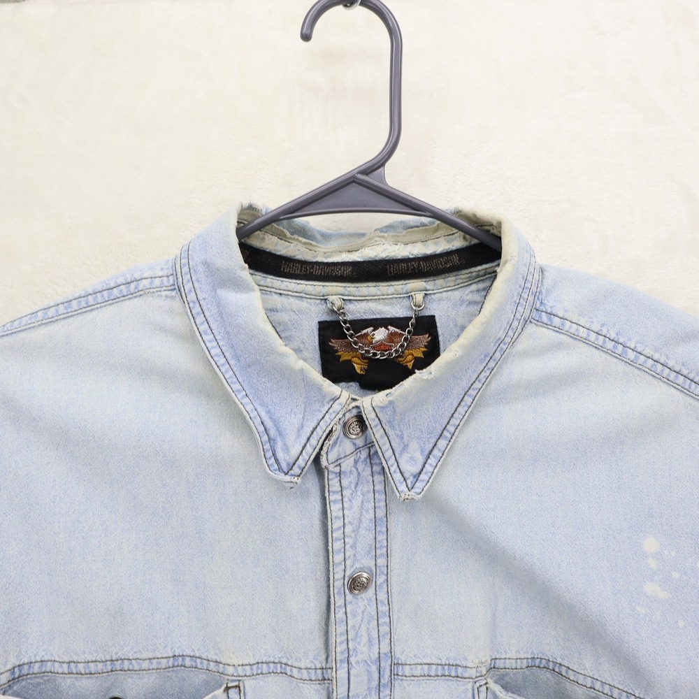 Harley Davidson XXL Light Wash Denim Button Shirt '03 C8036 HMGL Thrashed *READ - Picture 2 of 15